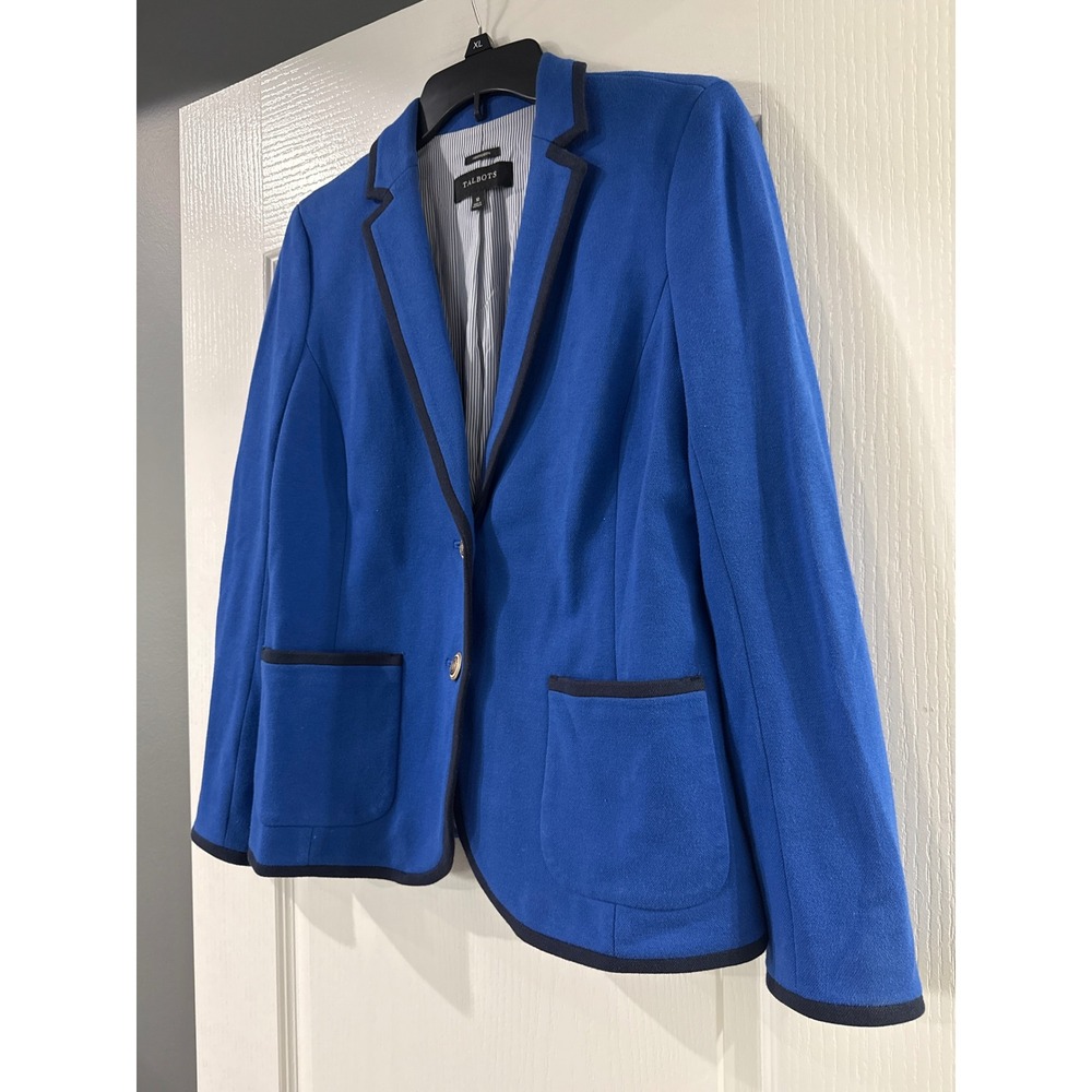 Talbots Aberdeen Royal Blue Knit Blazer Gold Crest Buttons Navy Trim Womens 10 - Picture 5 of 9